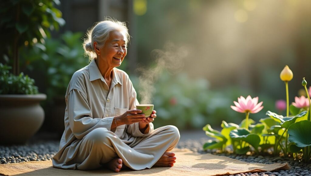 Người thiền giả ngồi giữa khung cảnh bình minh, hơi thở an nhiên.