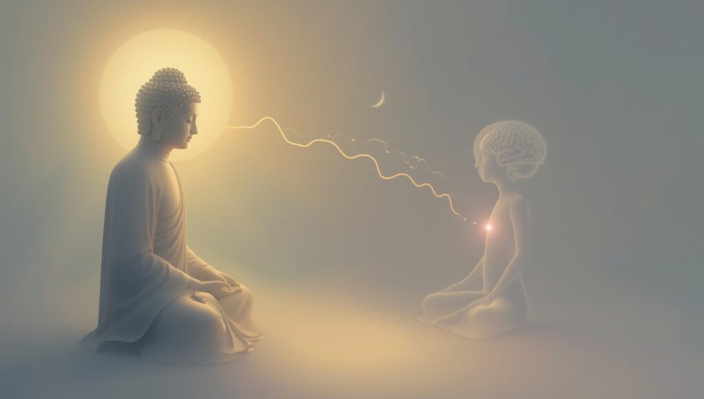 Đức Phật an ủi người đang đau buồn, ánh sáng kết nối hai trái tim