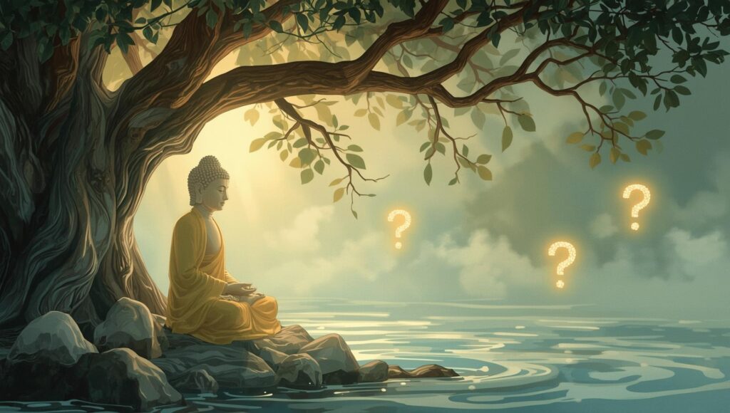 Đức Phật dưới cội bồ đề, quanh Ngài là những câu hỏi sáng rực