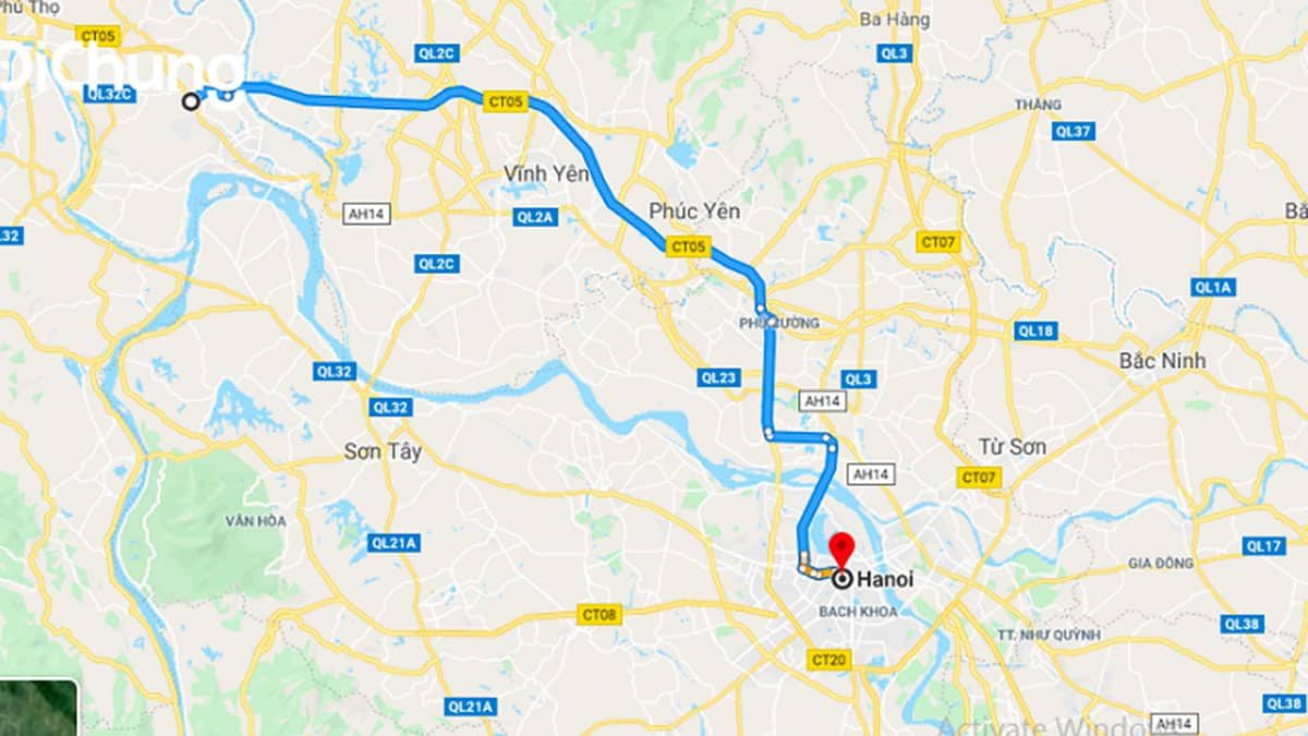 Lộ trình di chuyển từ Hà Nội đến Phú Thọ